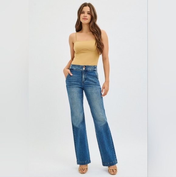 Risen High Rise Dark Wash Double Button  Bootcut Wide Hem Trouser Jeans 1/25 - Picture 1 of 13